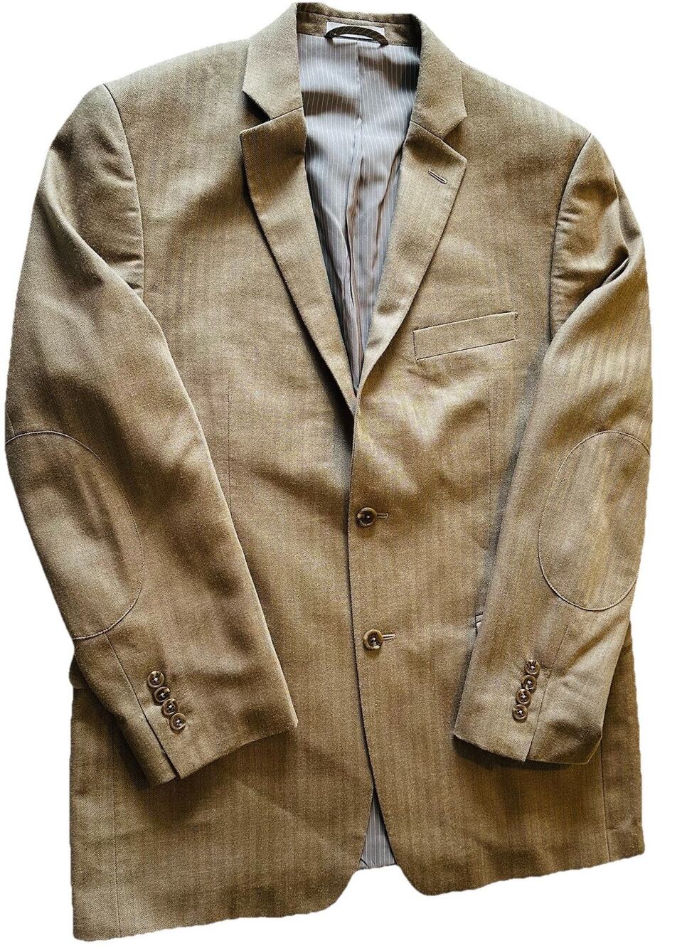 Lord & Taylor Men's Brown Black 1826 Beige Silk Wool Blazer 42R Elbow Patches